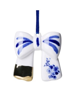 HEINEN DELFTSBLAUW - Kerstornament strik goud - keramiek - 7,5 cm