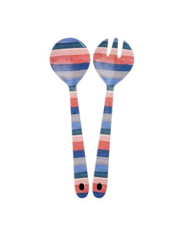 RICE - Melamine Salad Spoon and Fork - New  York Minute Stripes Print